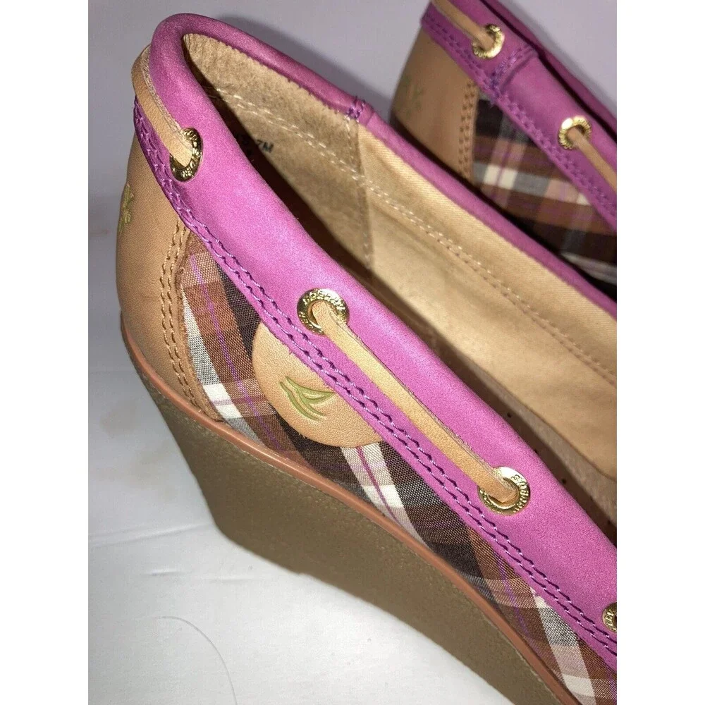 Sperry Top-Sider  Goldfish Wedge Heel Pink Plaid 9518747 Women Sz 7M